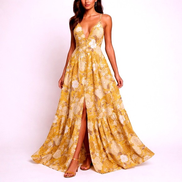 Abercrombie & Fitch Dresses & Skirts - Abercrombie & Fitch Maxi Dress Yellow‎ Floral Tiered Smocked Slit Boho Summer S